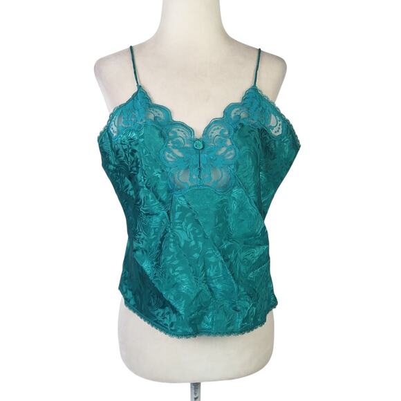 Vintage 80s Deena Green Floral Satin Camisole Tank Top Lace Trim L - Picture 1 of 5